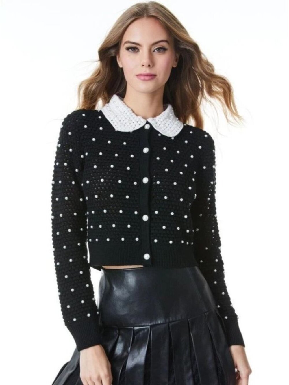 Alice + Olivia Collins Pearl Embellished Crochet Wool Black Cardigan Medium